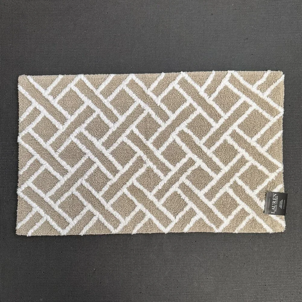 Ralph Lauren 21 x 34 Bath Rug Mat Cotton Beige Tan Geometric Striped Diamonds